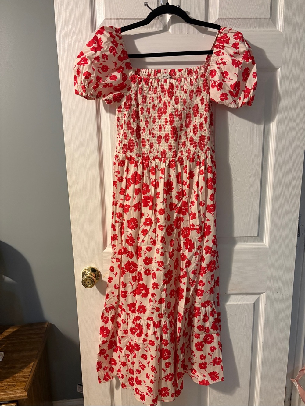Francesca's Collections Cream Maxi Dress with Red Floral Print
